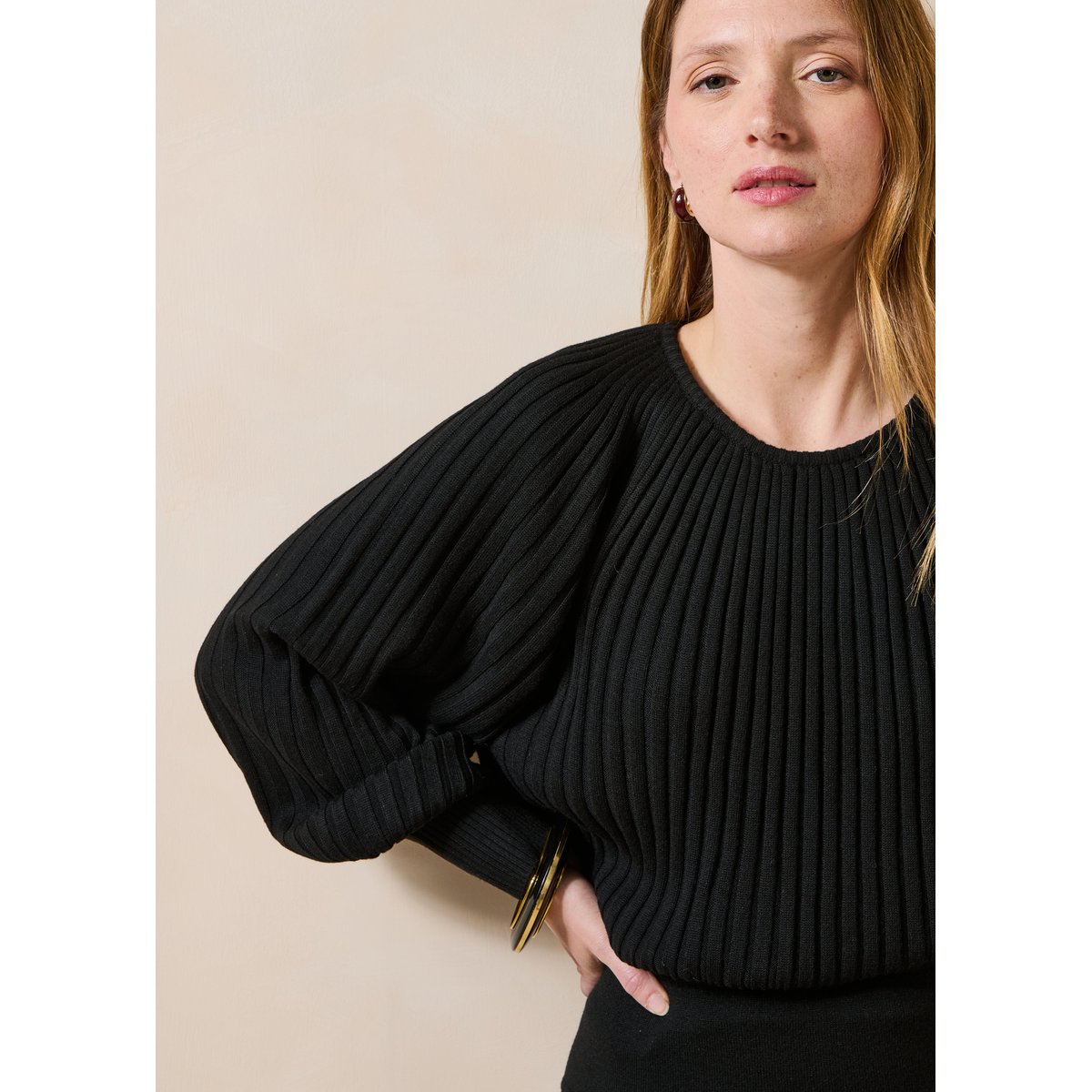 Pull en maille plissée manches longues noir, LA FEE MARABOUTEE