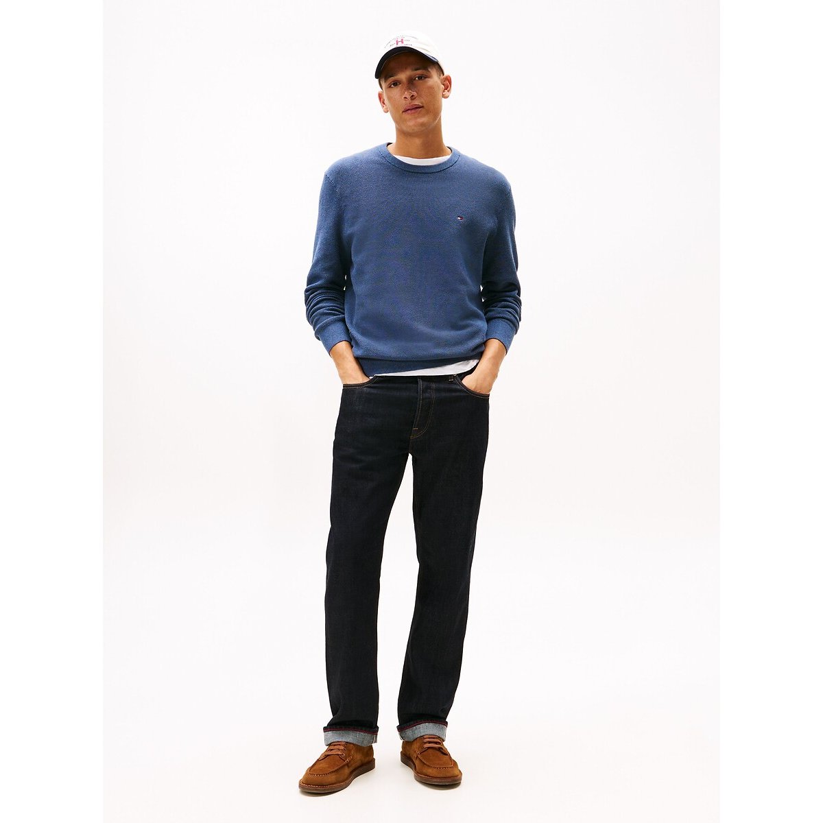 Pull texturé à col ras-du-cou et drapeau bleu mer, TOMMY HILFIGER