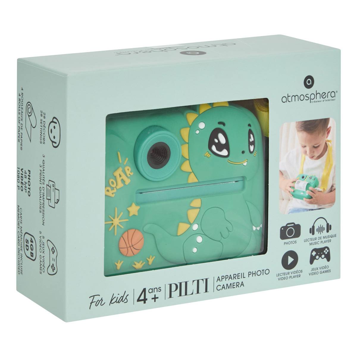Appareil photo instantané enfants Pilti avec carte SD et 4 rouleaux de papier vert, ATMOSPHERA FOR KIDS