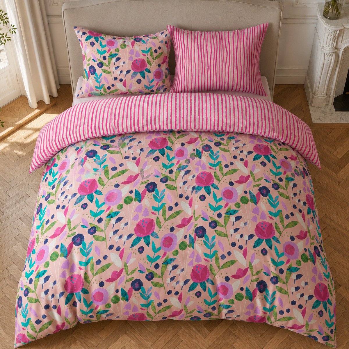 Parure housse de couette en percale de coton floral printemps, KATE MERRIT multicolore, C DESIGN HOME TEXTILE