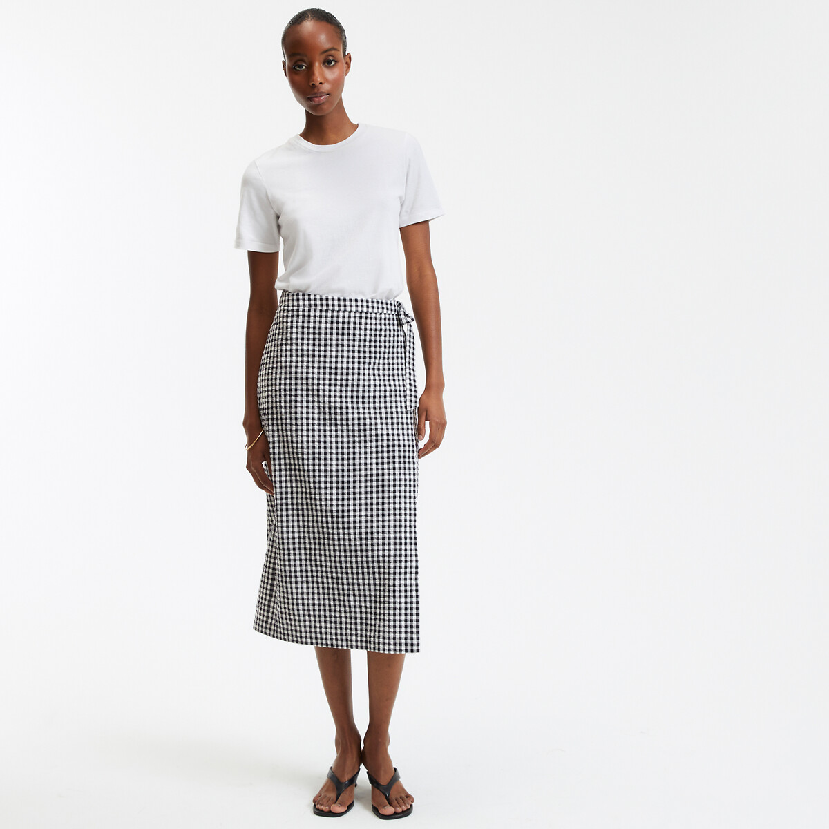 Straight Midi Wrapover Skirt in Gingham Check ochre gingham, LA REDOUTE COLLECTIONS