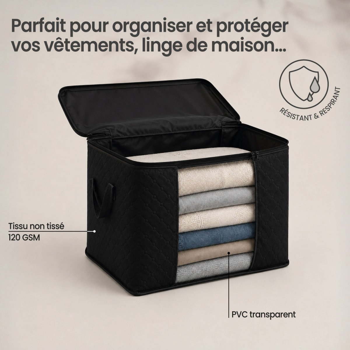 Lot de 9 sacs de rangement pliable pour vêtements, linge de maison avec poignées noir, VIVEZEN
