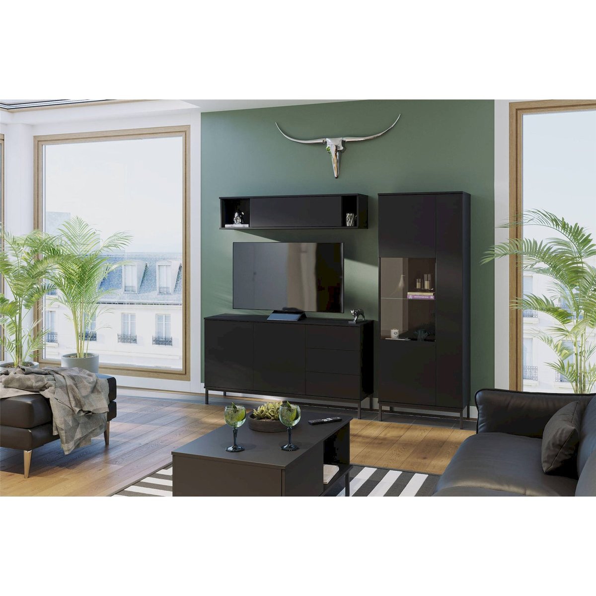Buffet contemporain PERILA portes et tiroirs noir mat, RECOLLECTION