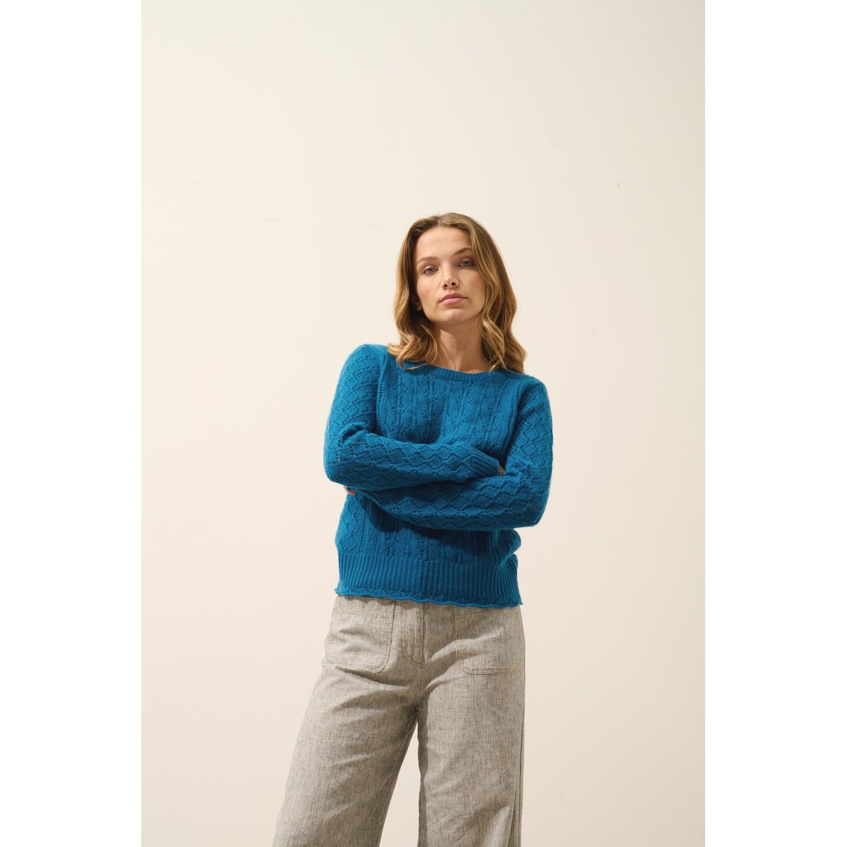 Pull Col Rond 8 Fils Paon Nadia bleu vert, JUST CASHMERE