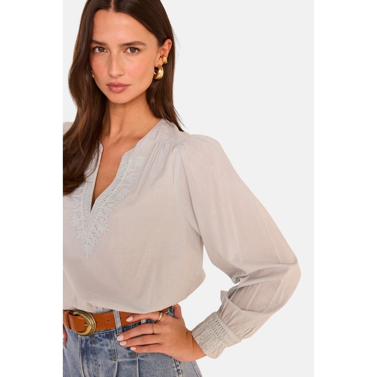 Blouse brodée à manches longues en coton MAISSA glacier, Maison 123
