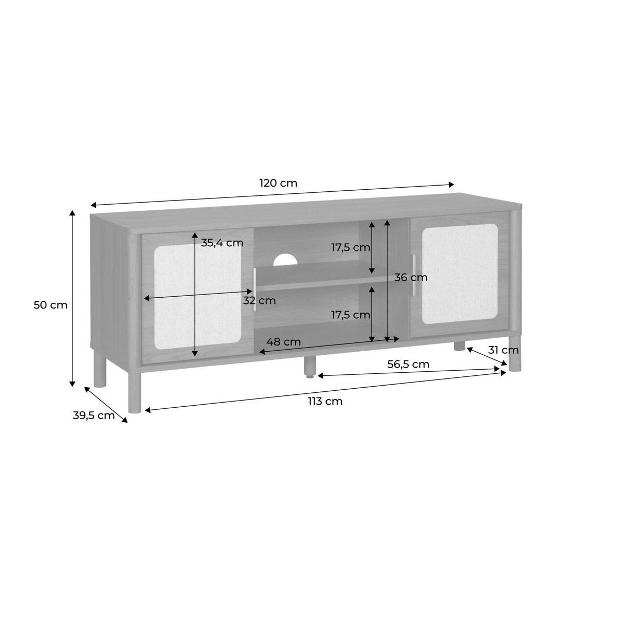 Meuble TV vintage décor bois et cannage 2 portes 120cm ETTA noyer, SWEEEK