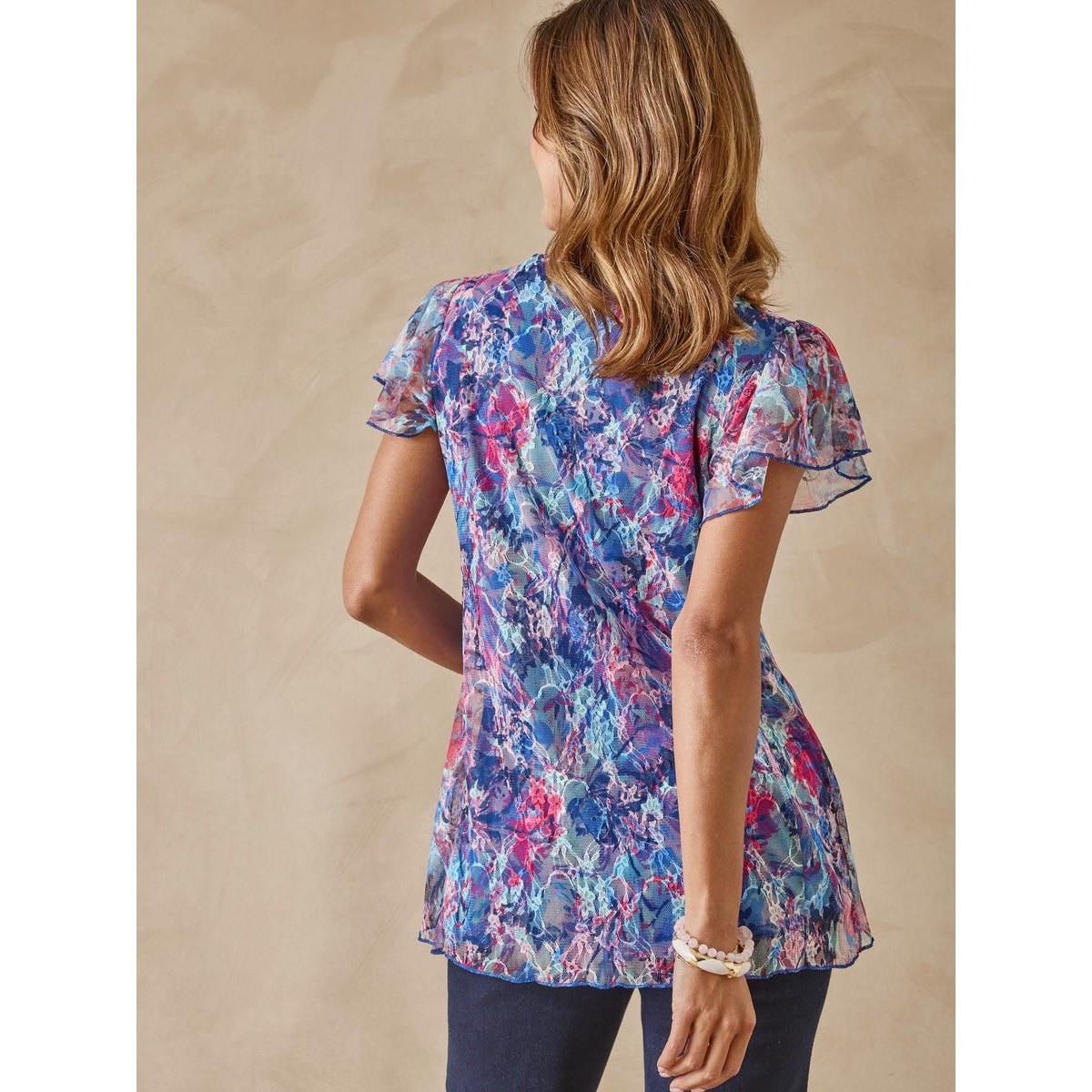 Tee-shirt maille dentelle imprimé bleu, DAXON