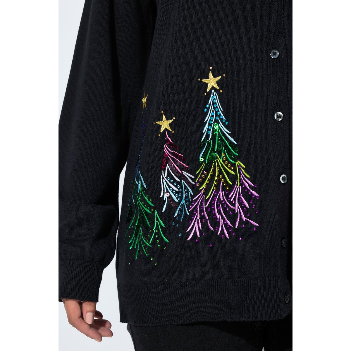 Cardigan de Noël, sapins brodés noir, ULLA POPKEN