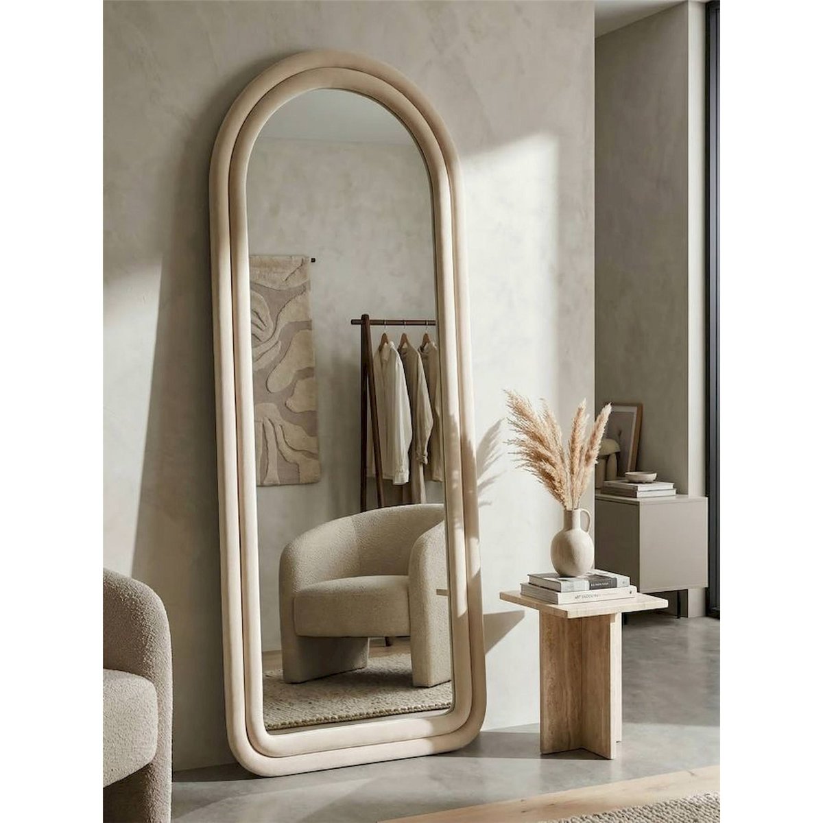 Miroir mural arqué habillé de tissu GLAM crème, RECOLLECTION