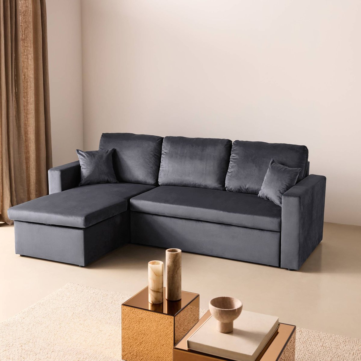 Canapé convertible réversible velours IDA VELOURS gris foncé, SWEEEK