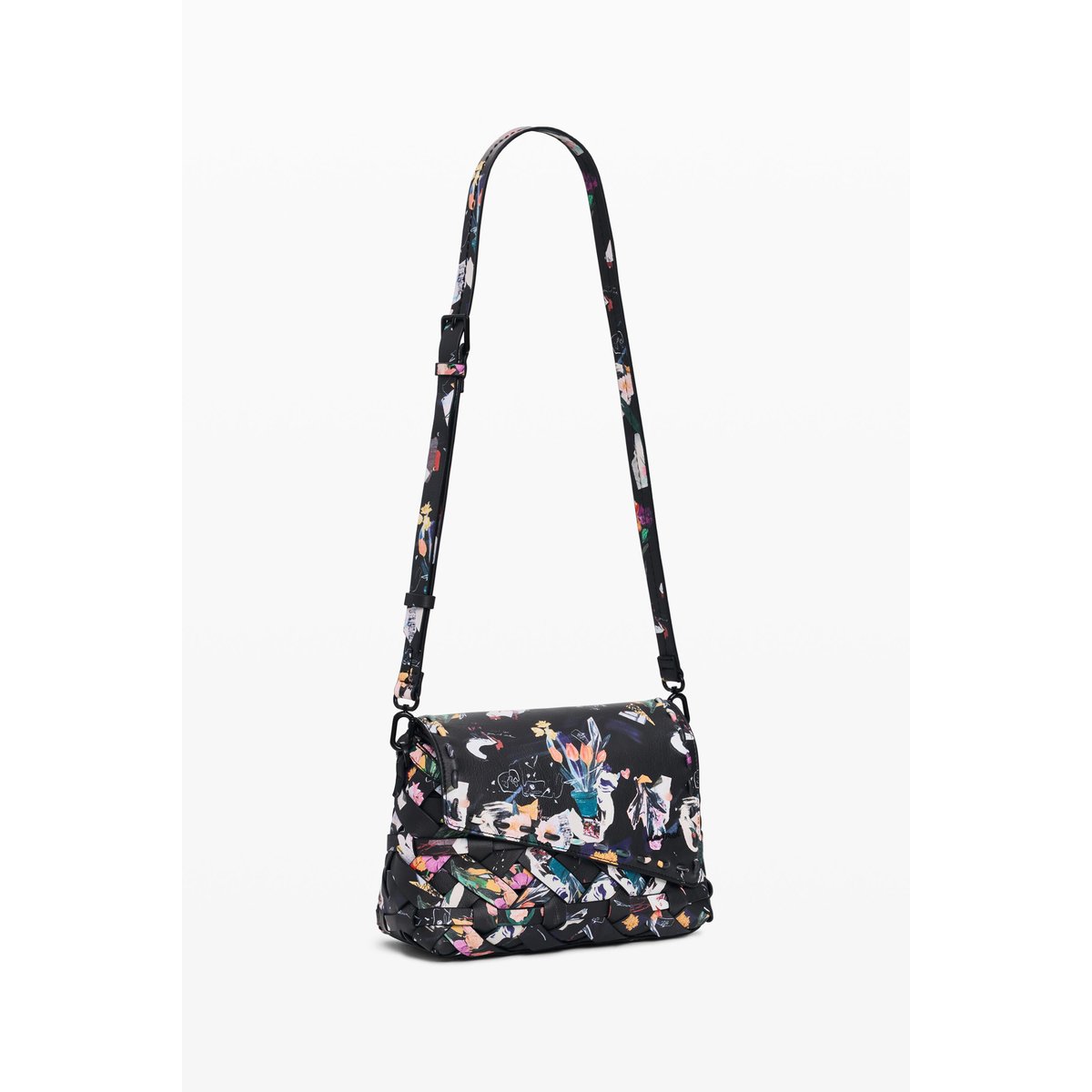 Petit sac tressé à fleurs noir, DESIGUAL