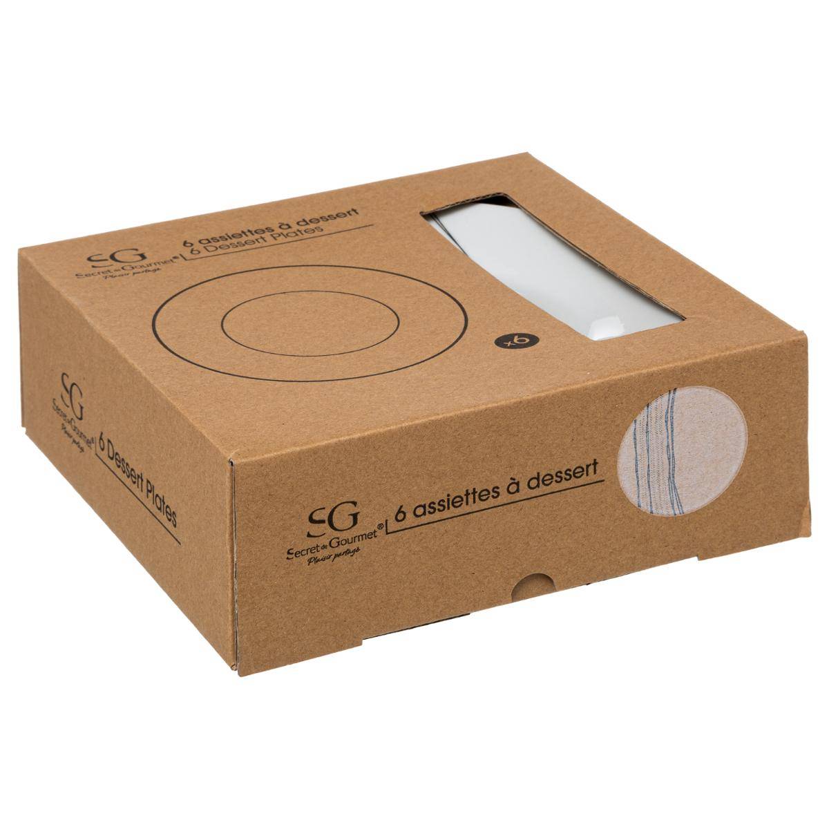 Lot de 6 assiettes à dessert en porcelaine LIGNES blanc, SECRET DE GOURMET