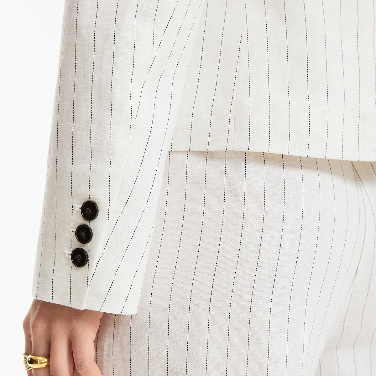 Blazer court cintré à rayures en lin et coton rayé ivoire/marine, LA REDOUTE COLLECTIONS