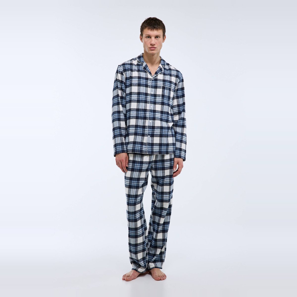 Pyjama à carreaux manches longues et pantalon en flanelle, Bio marine, MONOPRIX