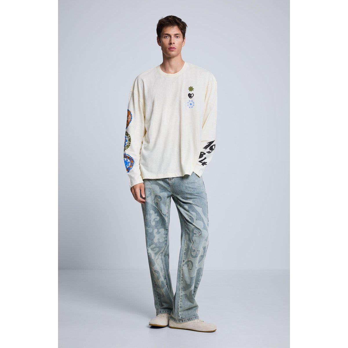T-shirt à manches longues imprimé blanc, DESIGUAL