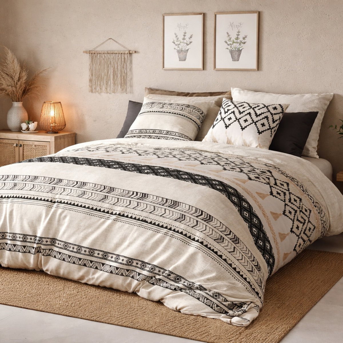 Parure housse de couette en coton imprimée, BOHEME beige, ATELIER DU COTON