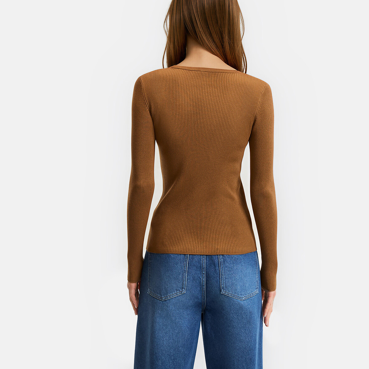 Jersey con cuello redondo de punto fino marrón camel, LA REDOUTE COLLECTIONS