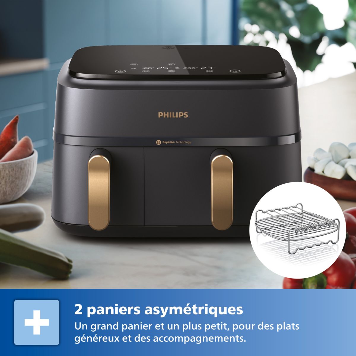 Friteuse sans huile NA352/04 Friteuse sans huile double panier Noir/Doré, Série 3000 9L (3+6L) avec accessoire couleur unique, PHILIPS