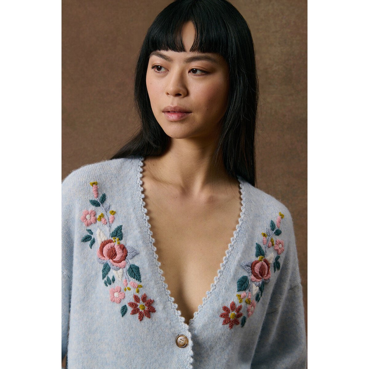 Cardigan col V brodé, LUNAMI gris, LOUISE MISHA
