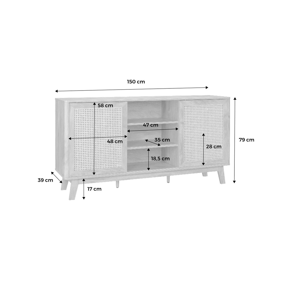 Buffet décor bois et cannage 2 portes coulissantes 150cm MANI naturel, SWEEEK