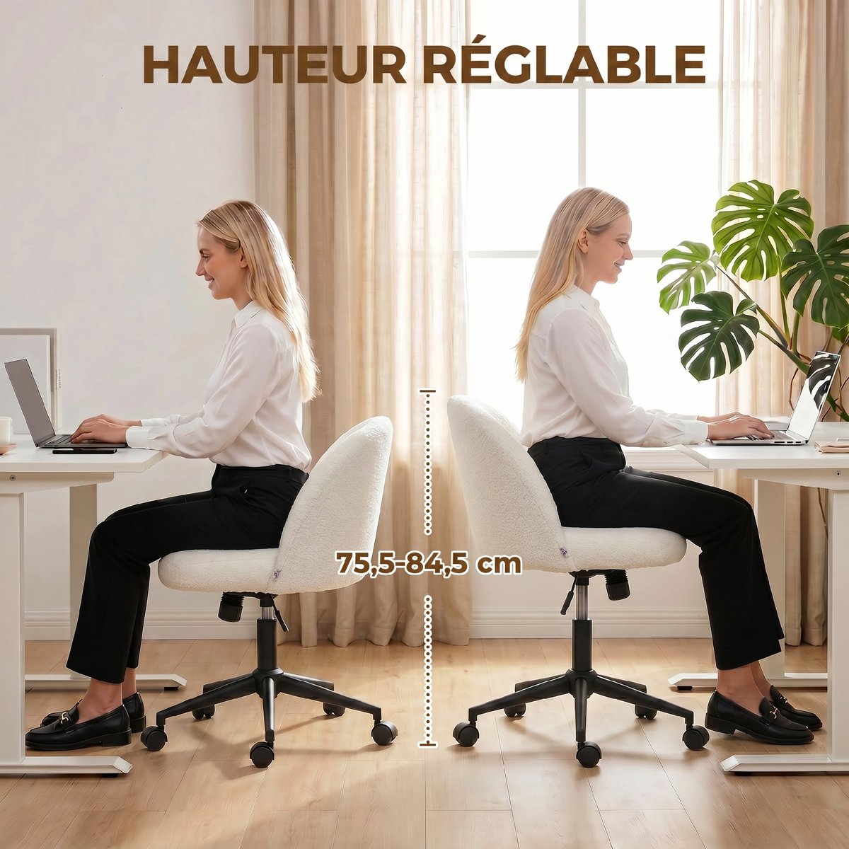 Chaise de bureau Polaire Teddy (100% crème, HOMCOM