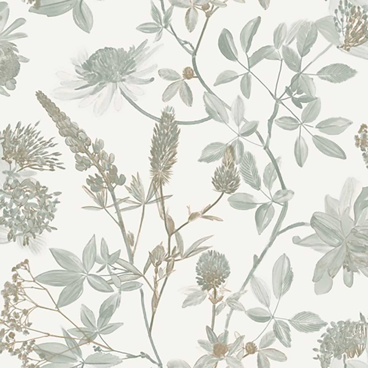 Papier peint floral botanique vert sauge fond blanc vert, HEXOA
