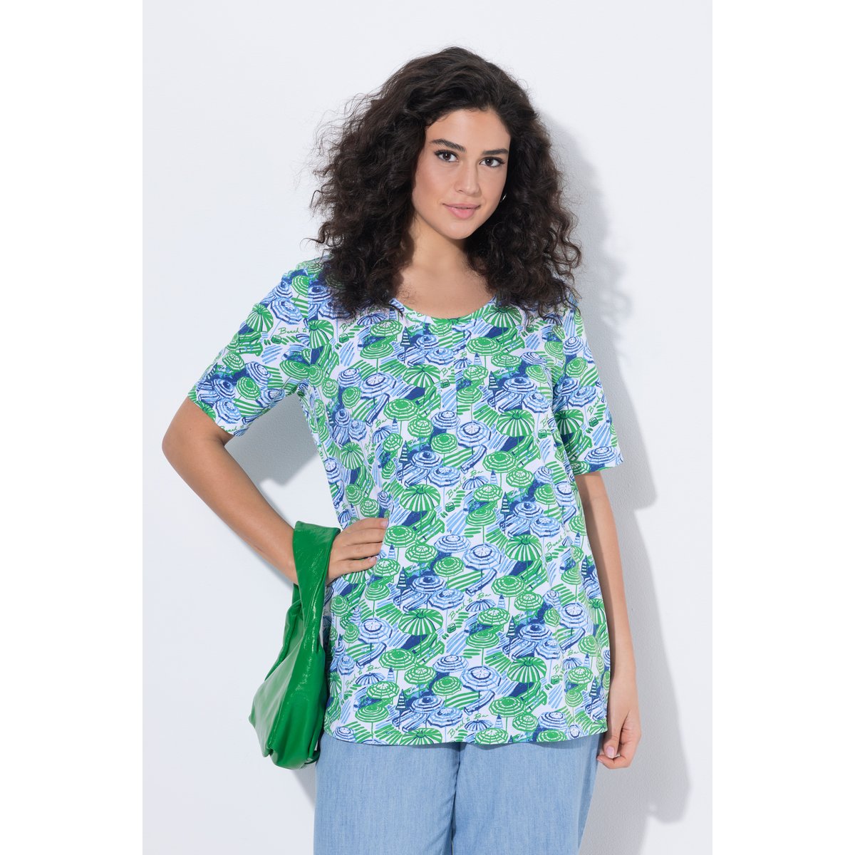 T-shirt motif parasols, plis fantaisie vert gazon, ULLA POPKEN