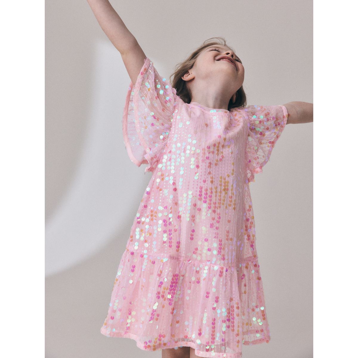 Robe de soirée à sequins/basque/manches ange rose, NEXT