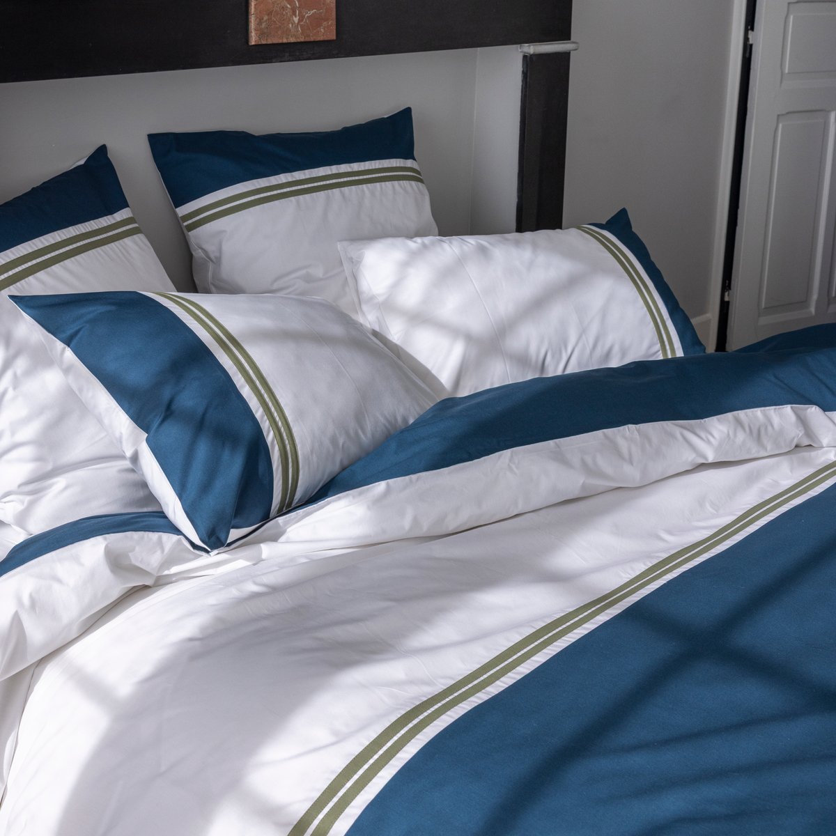 Housse de couette en percale de coton lavé, ESPRIT COUTURE blanc/bleu nuit bandes kaki, BLANC CERISE