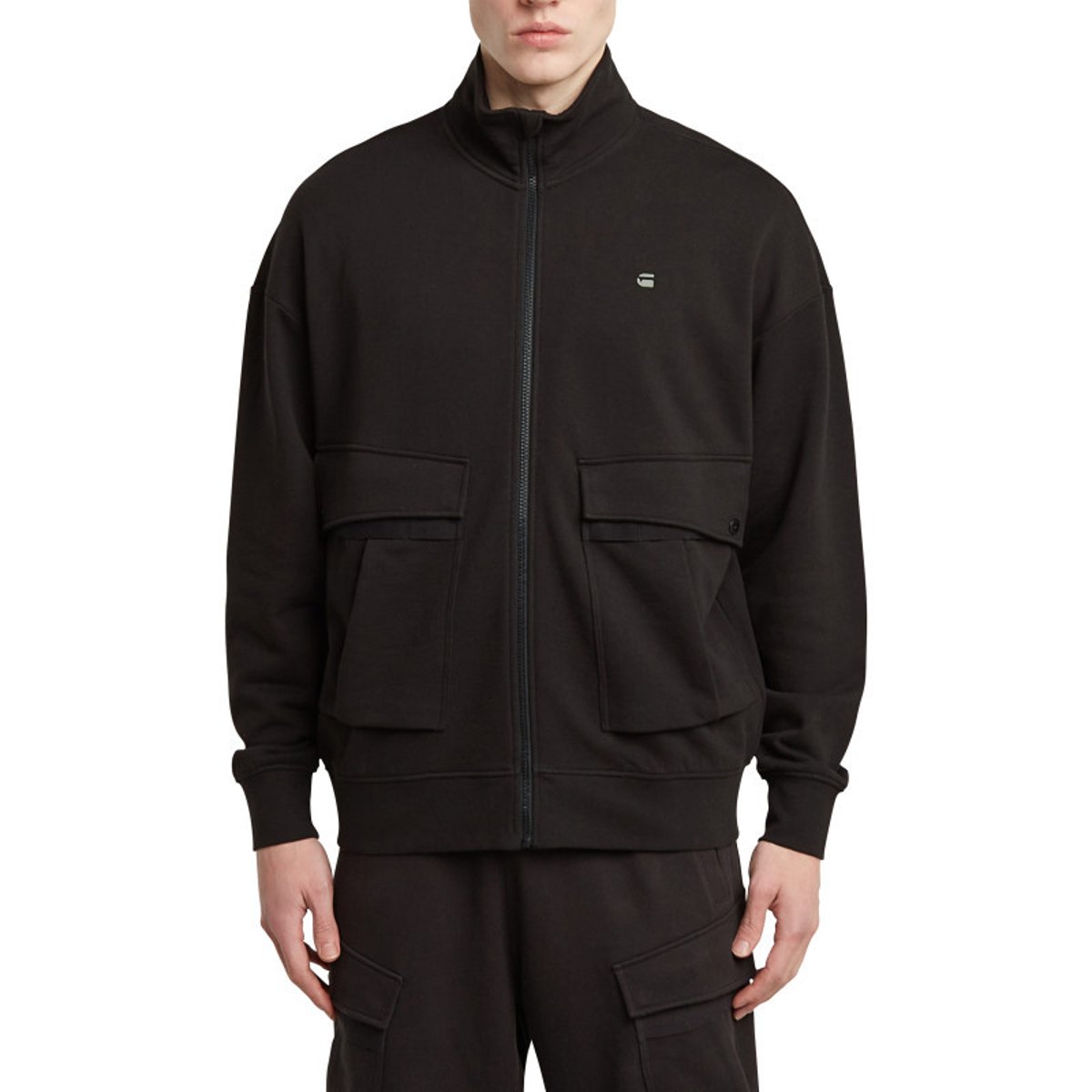 Sweat zippé en coton noir uni avec une coupe droite et un col montant noir, G-Star RAW