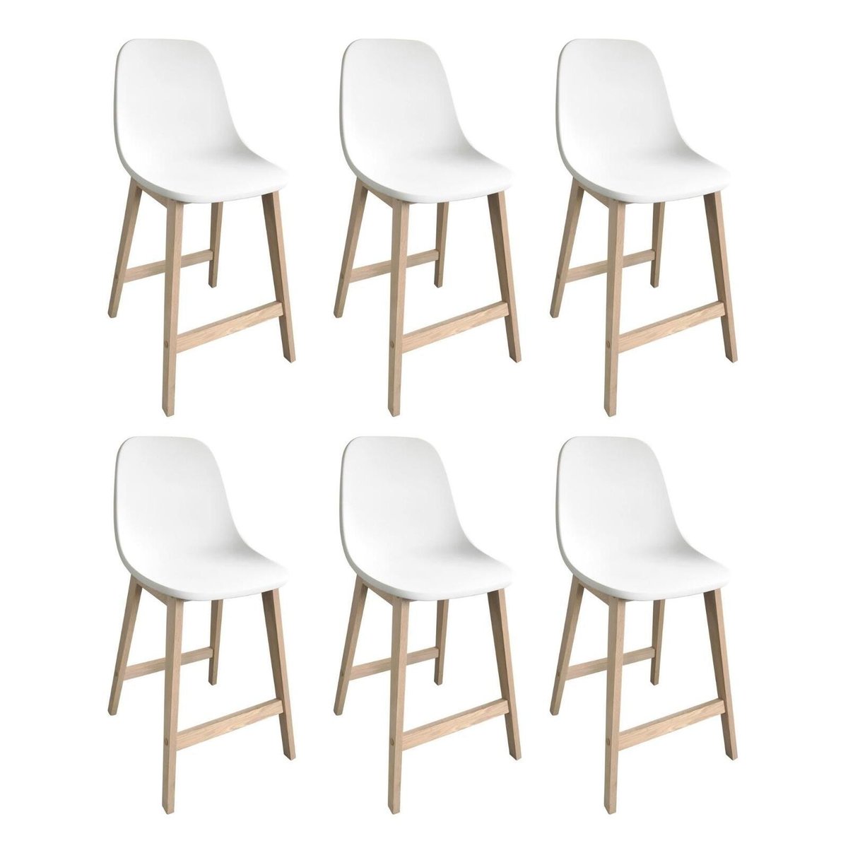 Lot de chaises d'ilot et bar en chêne avec assise plastique 65cm ELIOS | Lot de 6 blanc, MOB IN