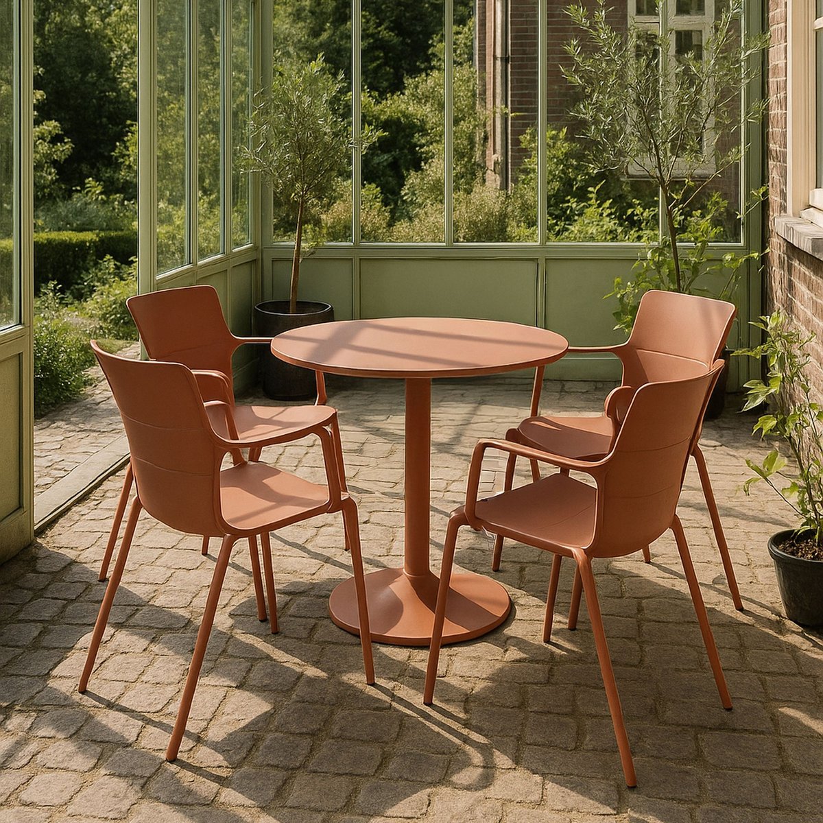 Ensemble table et 4 fauteuils en polypropylène et métal, MONTAUK brique, NOW'S HOME