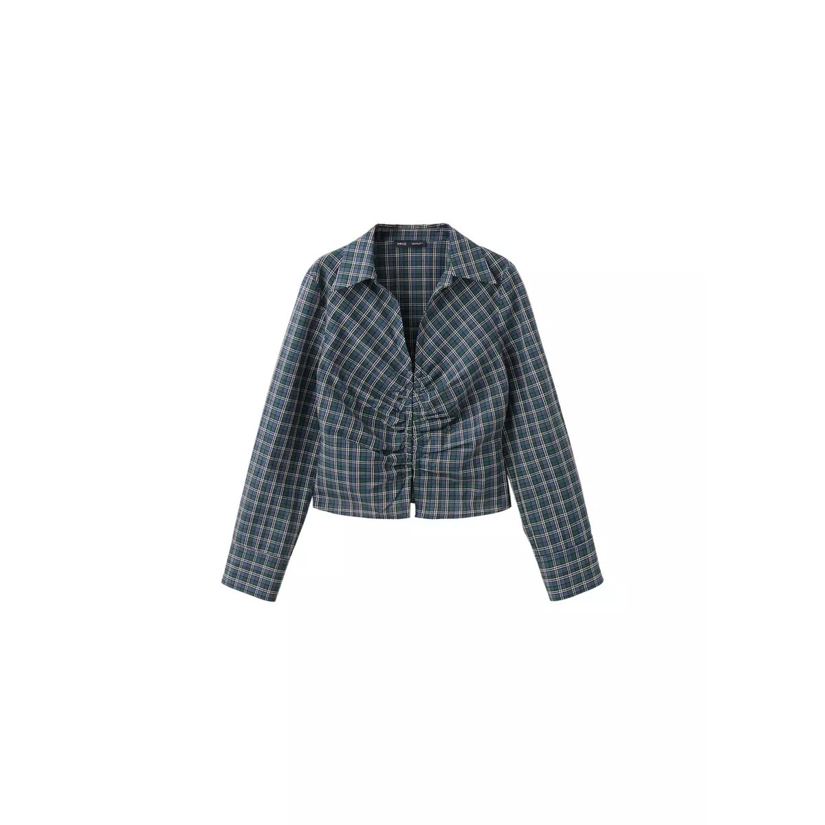 Blouse à carreaux et fronces bleu, MANGO