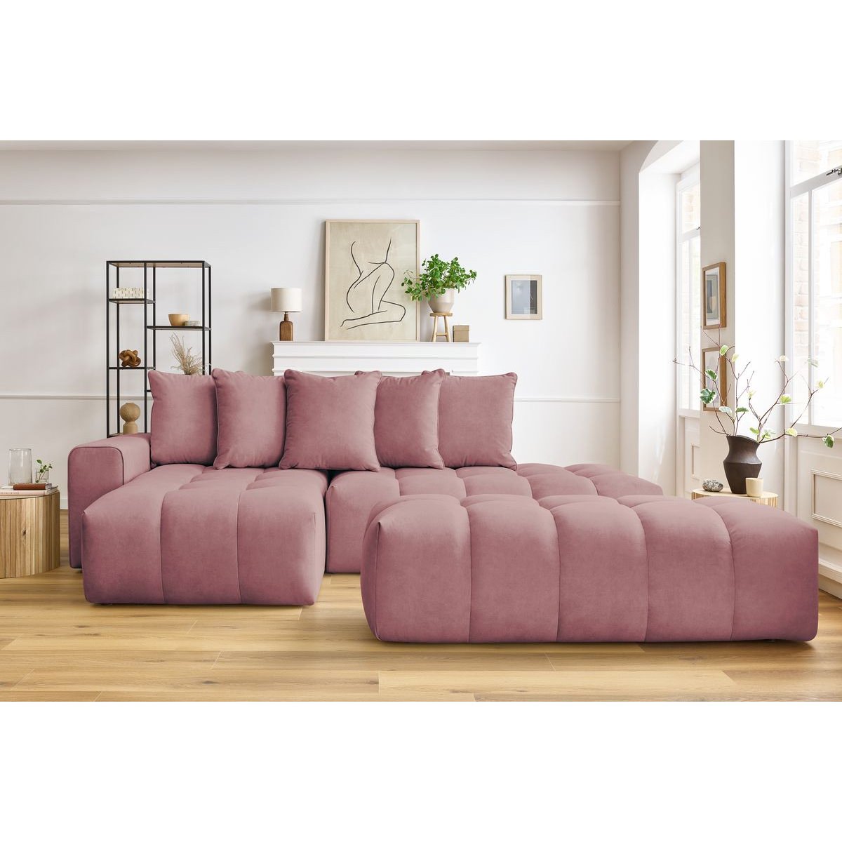 Canapé d'angle fixe 4 places en velours avec pouf, MONT-BLANC rose, BOBOCHIC