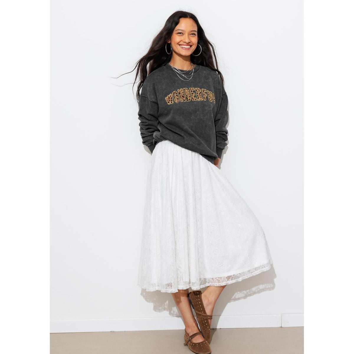 Sweat-shirt message wonderful imprimé gris, PROMOD