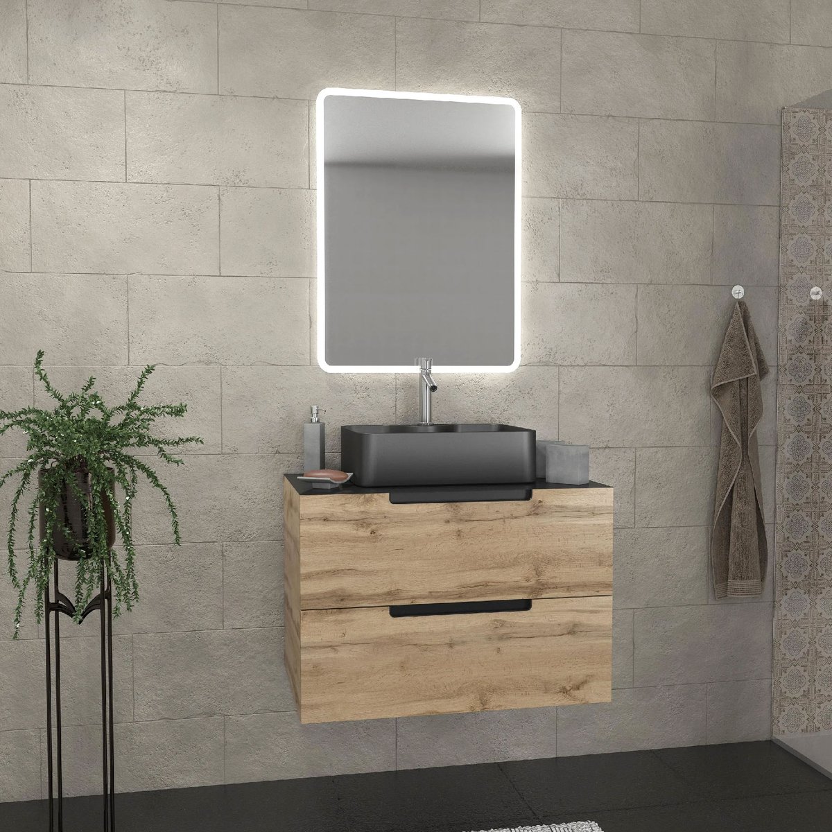 Meuble de salle bains avec vasque et miroir au style authentique naturel, HOME MAISON