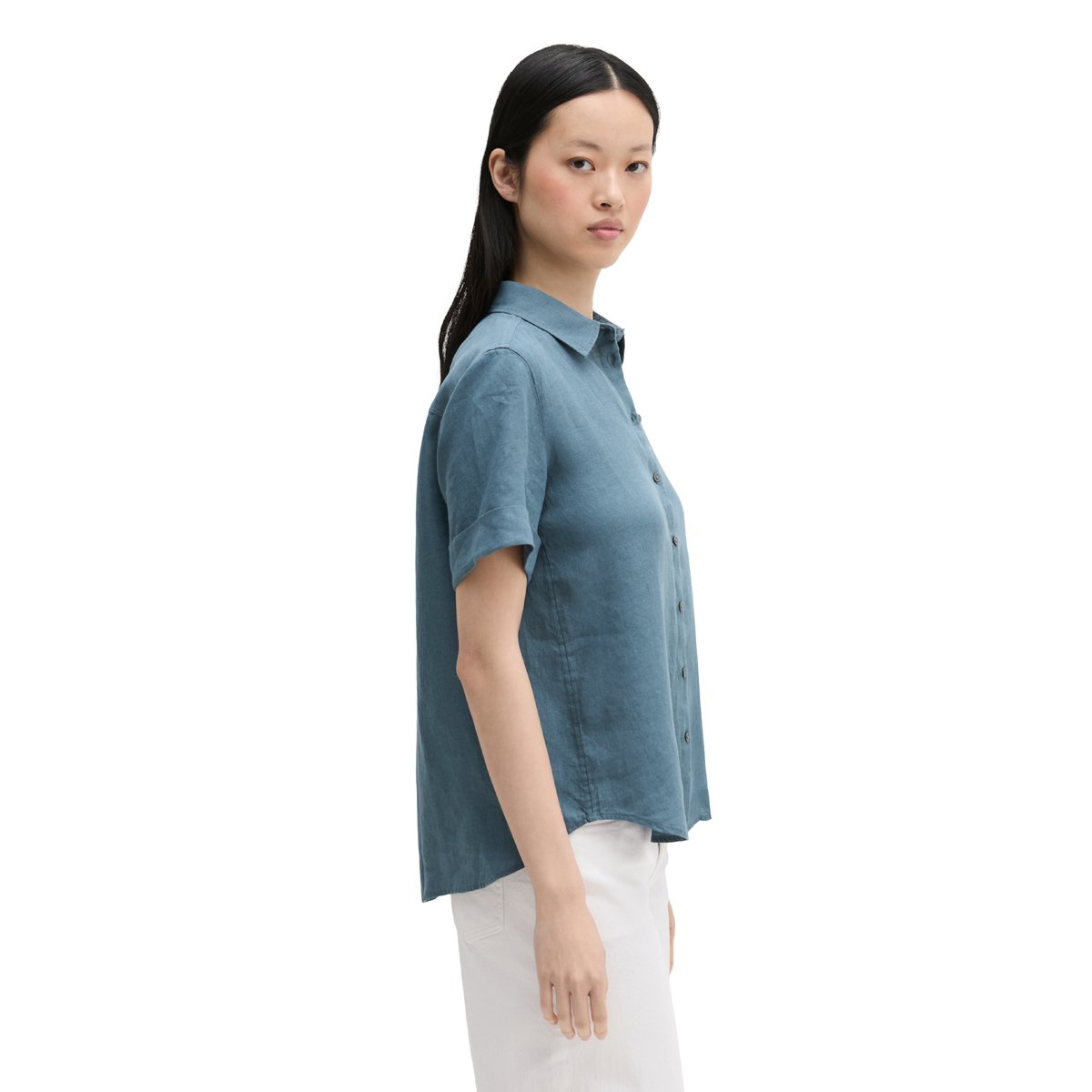 Blouse en lin à manches courtes regular avec de larges plis dans le dos bleu moyen, MARC O'POLO