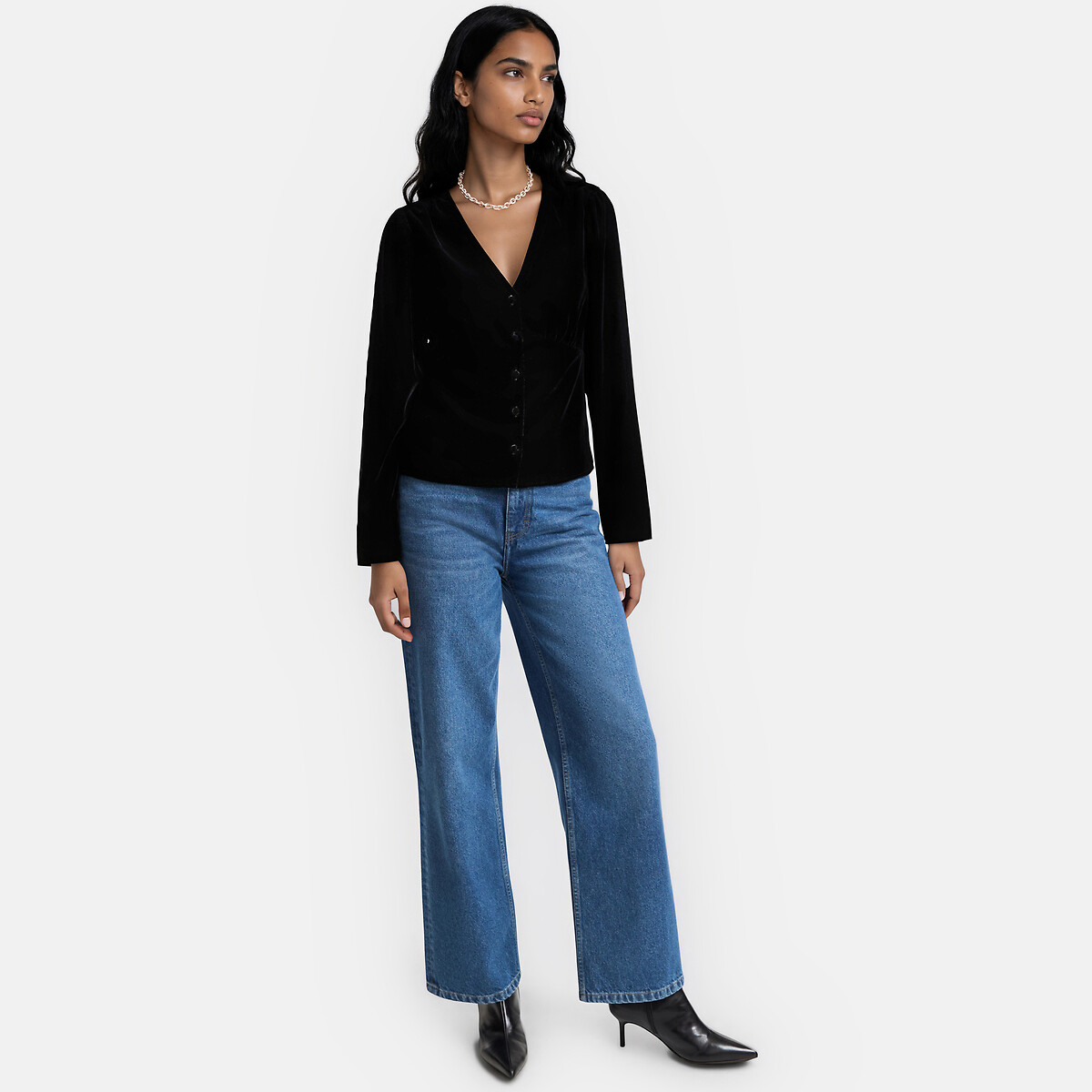 Chemisier col V, en panne de velours noir, LA REDOUTE COLLECTIONS