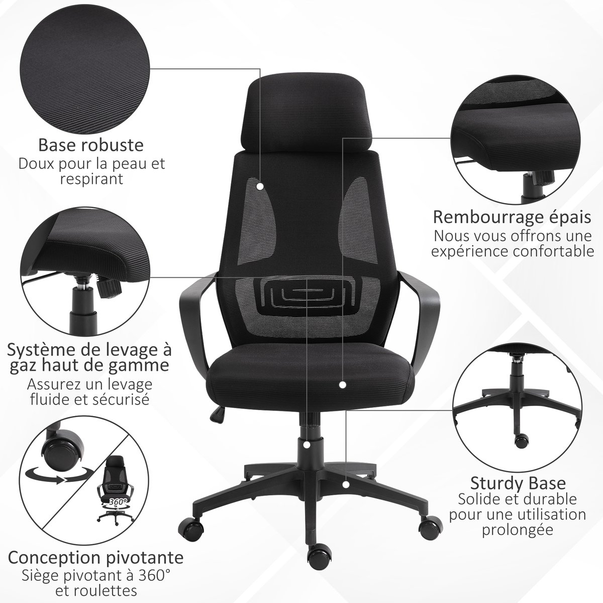 chaise de bureau Polyester Noir noir, HOMCOM
