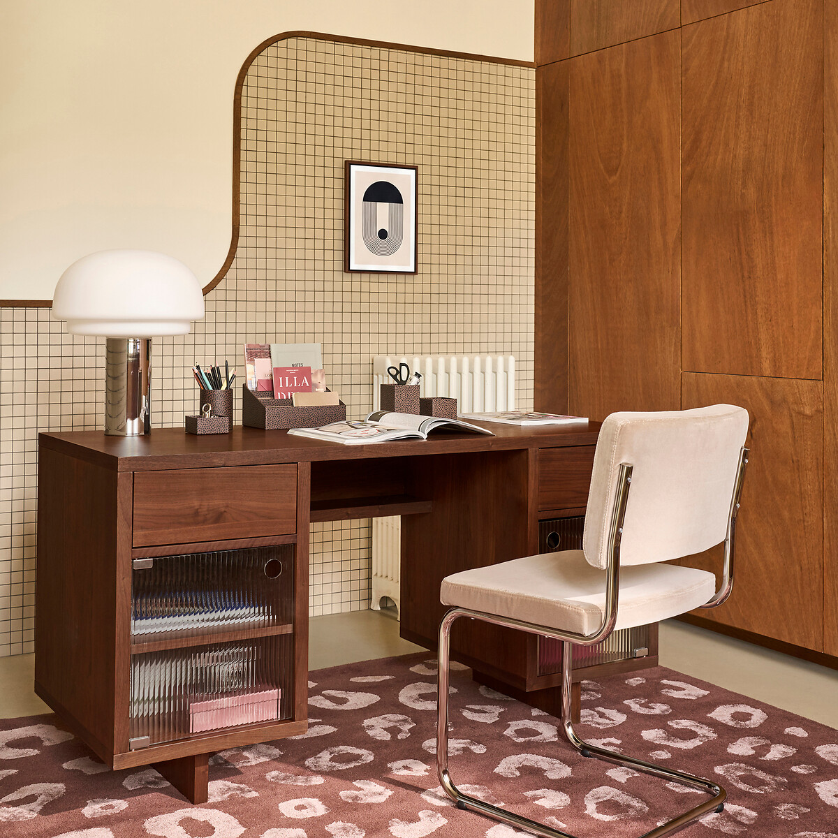 Bureau, plaqué noyer, portes verre strié, DELLO coloris noyer, LA REDOUTE INTERIEURS