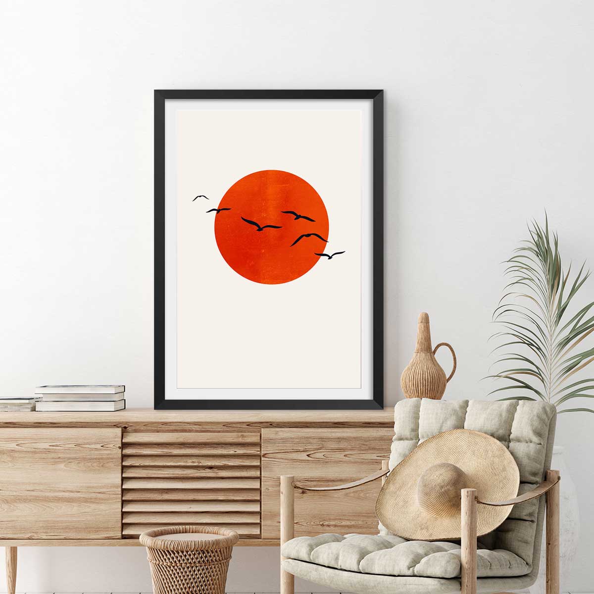 Poster soleil levant affiche + cadre en bois - noir, HEXOA
