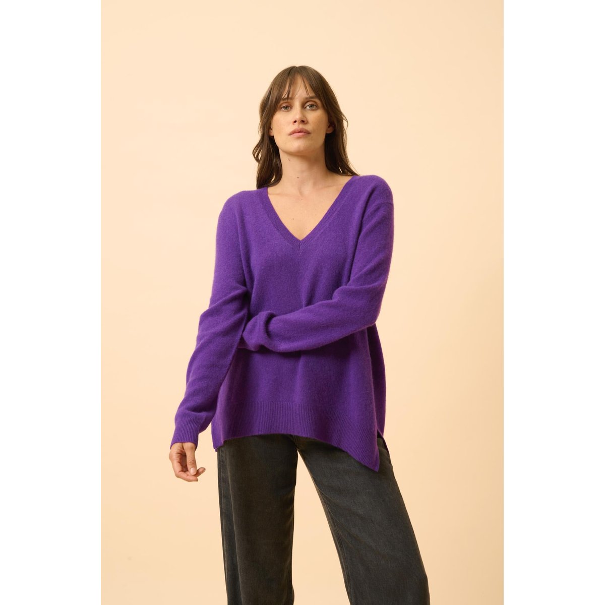 Pull Col V Devant Et Dos Violette Opal violet, JUST CASHMERE