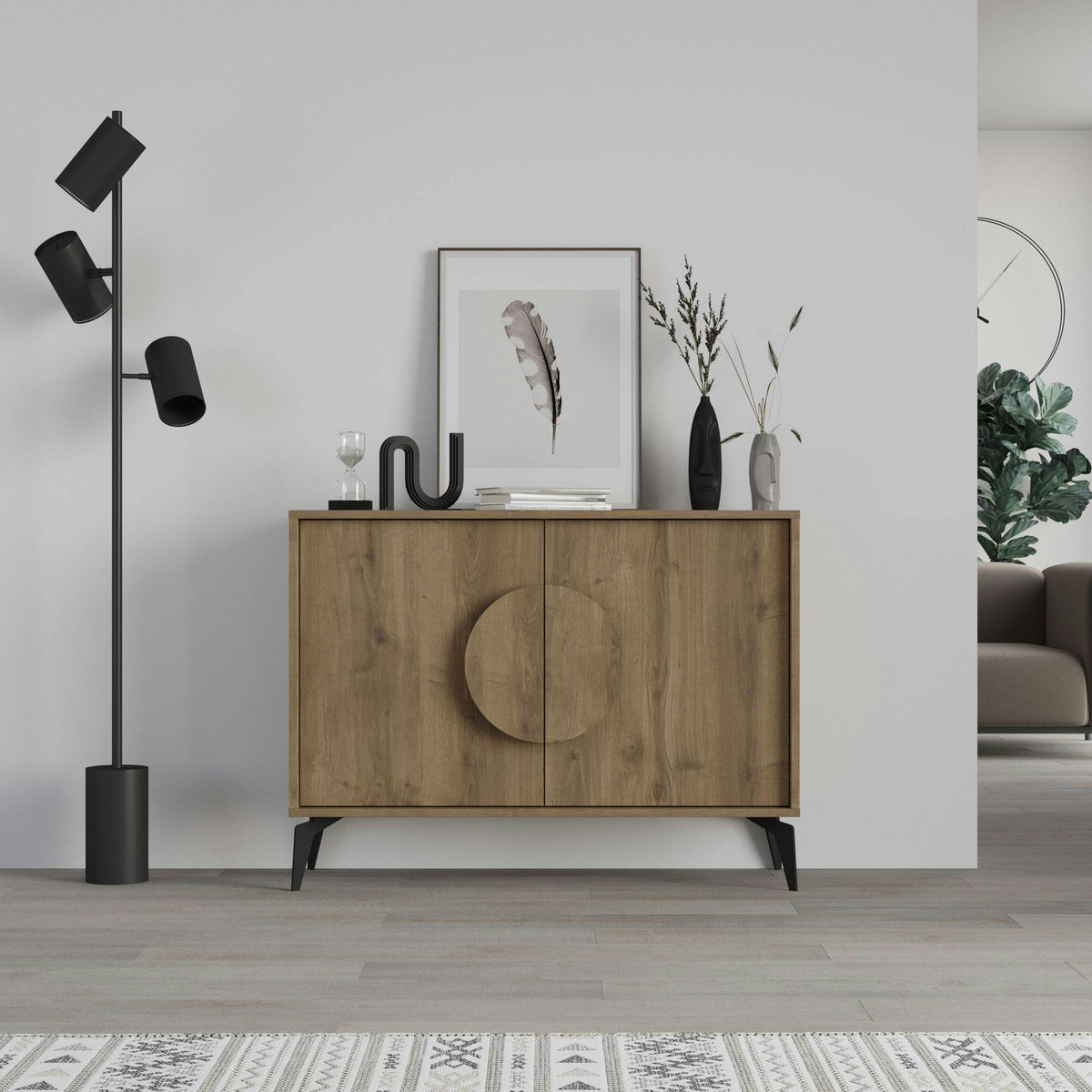 Buffet 2 portes avec poignée centrale cercle JENA chêne, PIER IMPORT