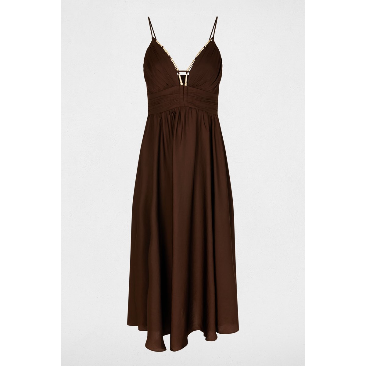 Robe longue col v marron foncé, MORGAN