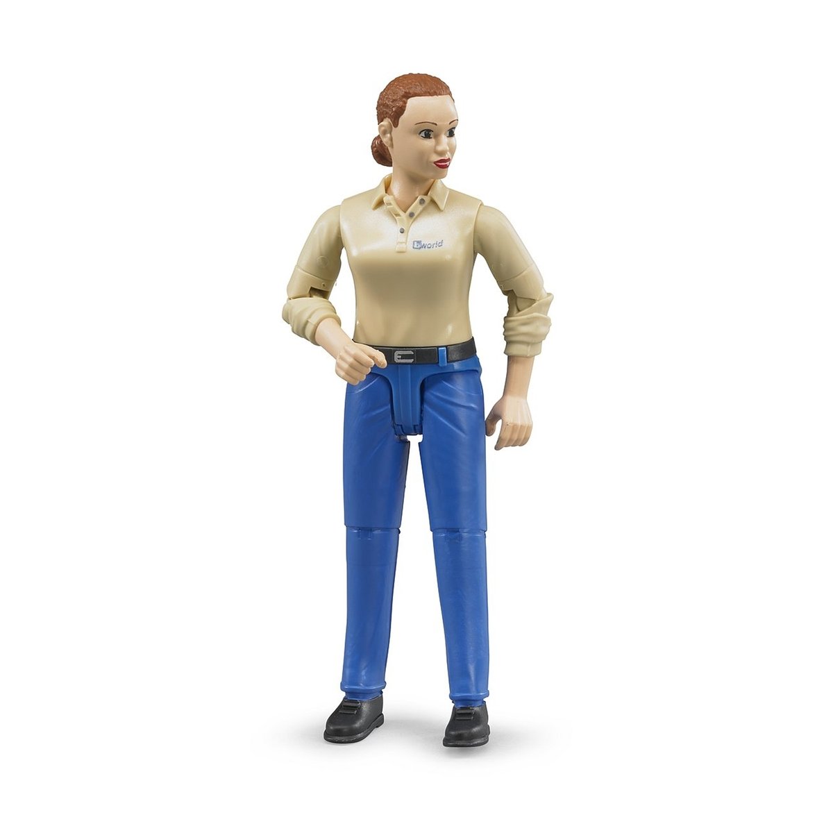 Femme à la peau claire et pantalon bleu multicolore, BRUDER