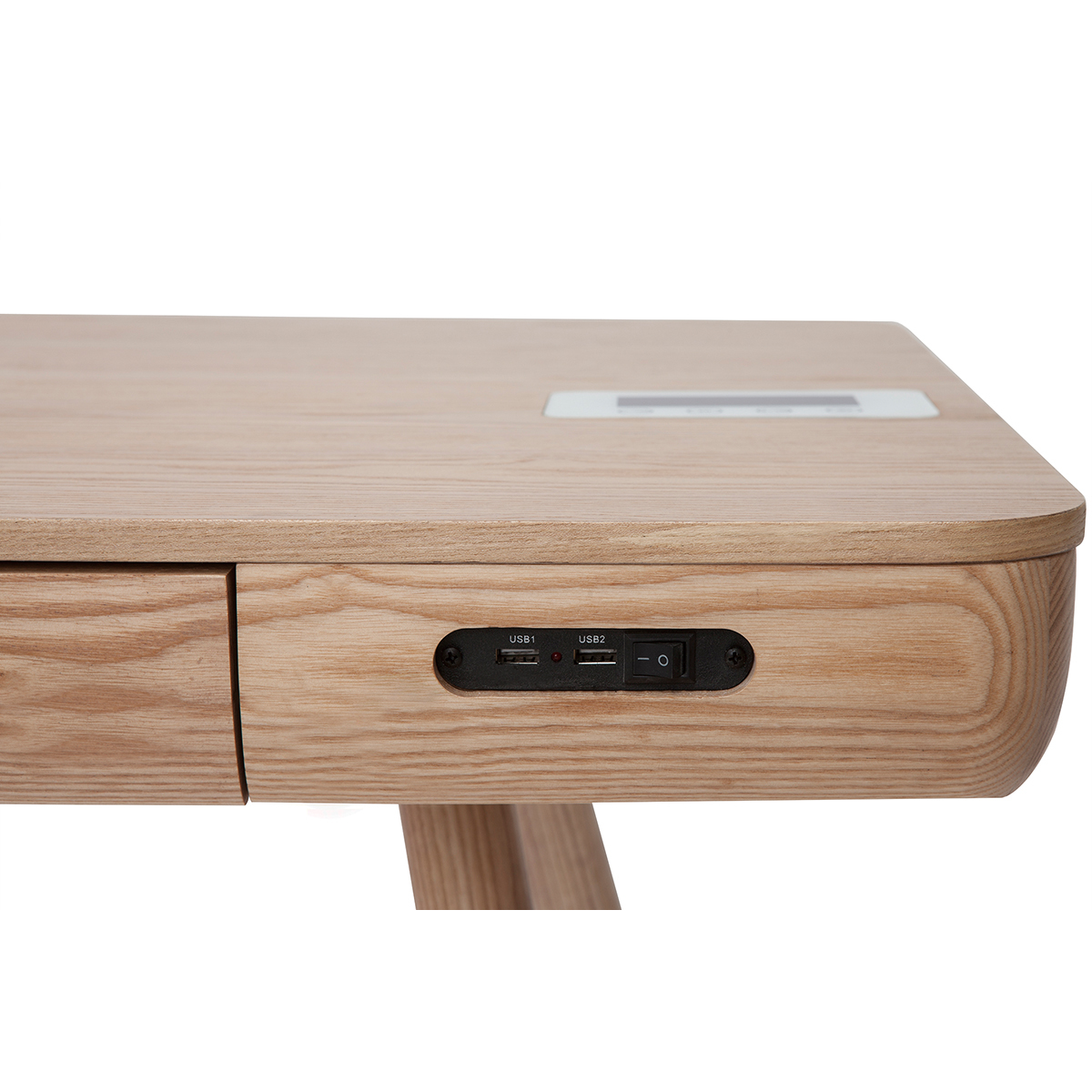 Bureau connecté multimédia avec tiroir bois clair massif L120 cm CLEVER bois clair / blanc, MILIBOO