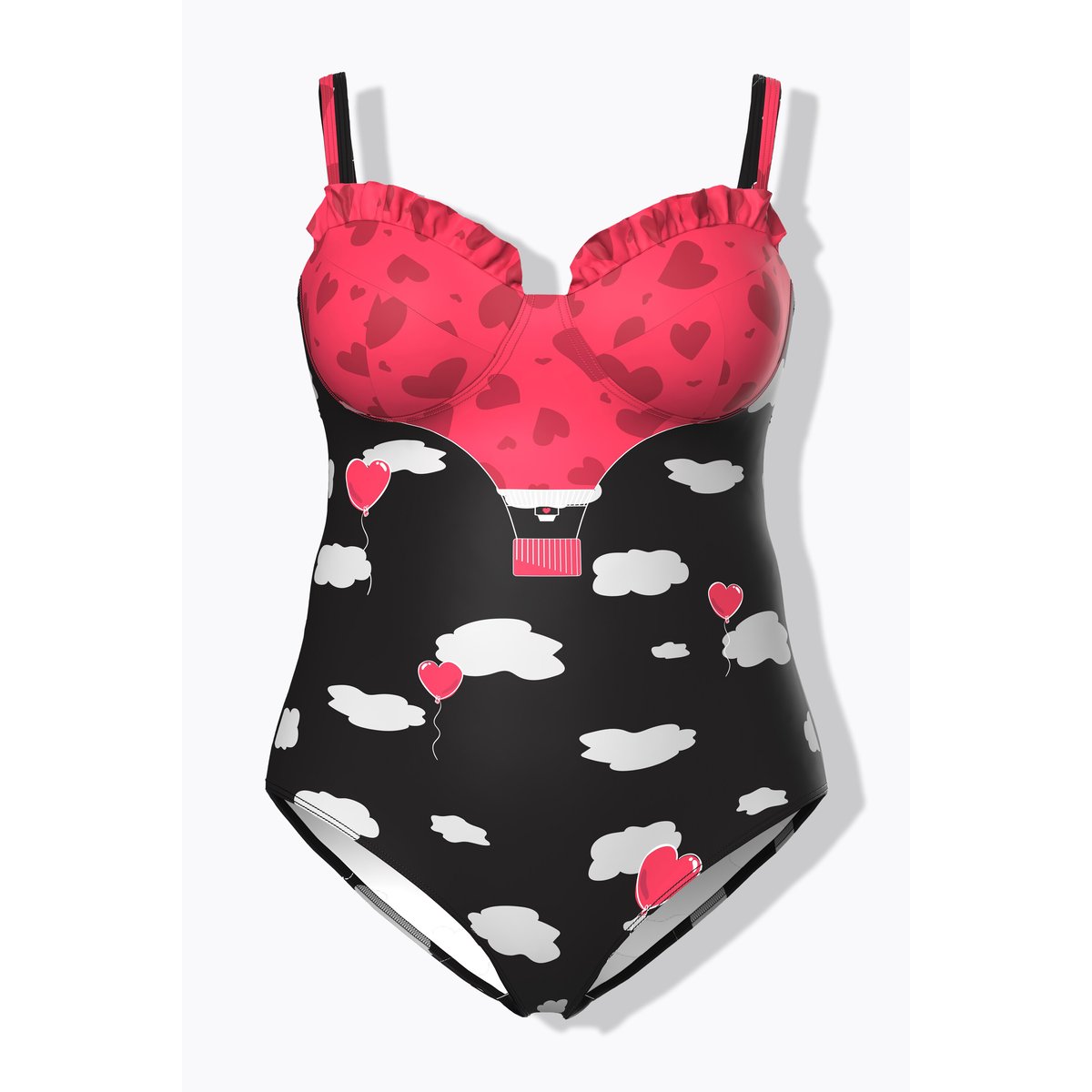 Maillot de bain avec ruchés, imprimé cœurs noir, ULLA POPKEN