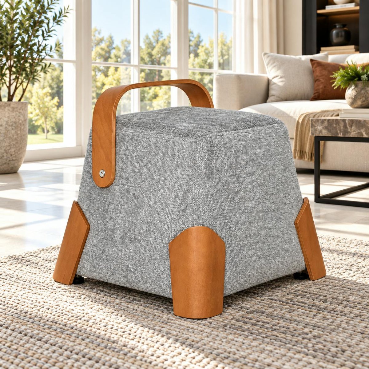 Pouf en tissu avec poignée IENA gris, PIER IMPORT