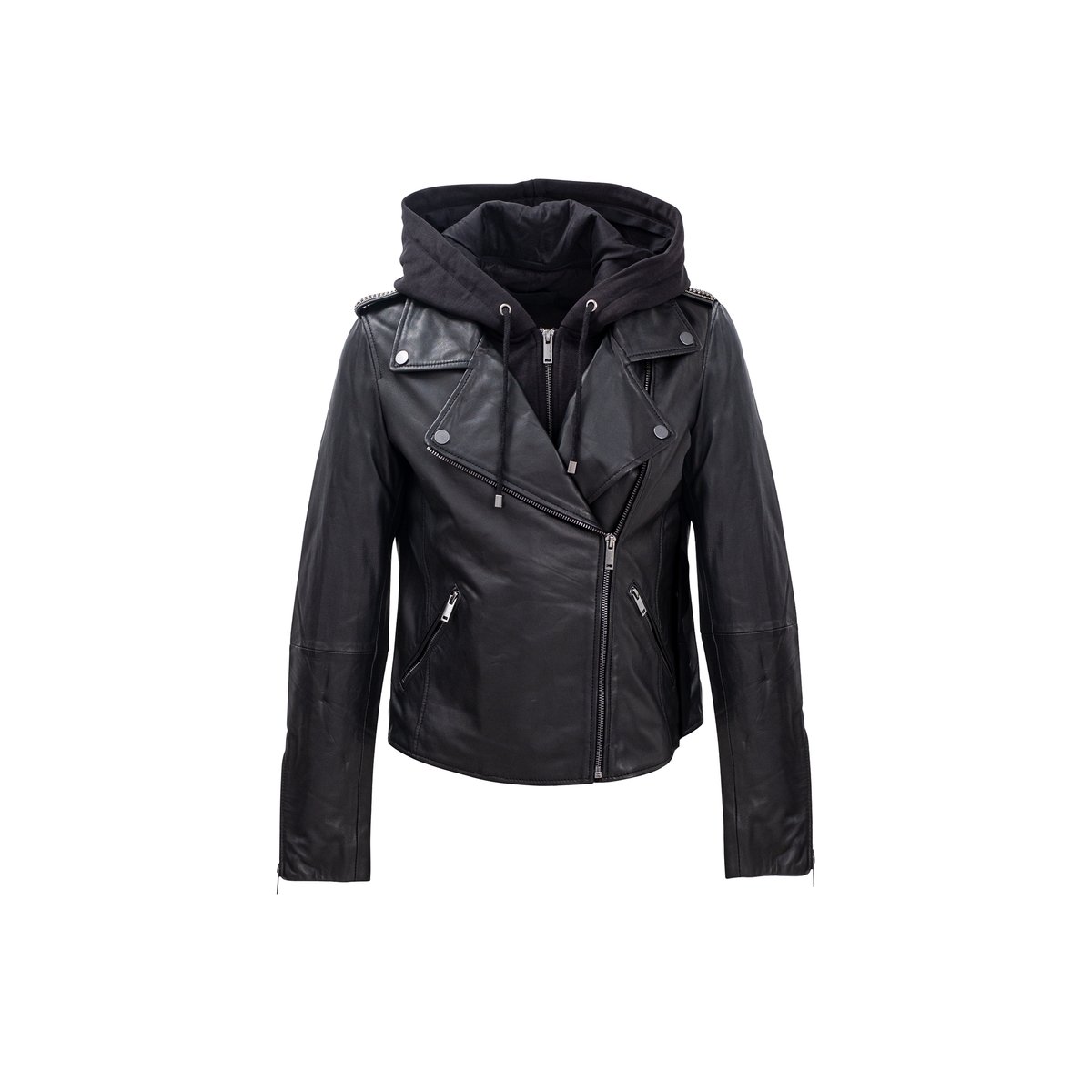 Blouson cuir d'agneau à capuche amovible noir, IKKS