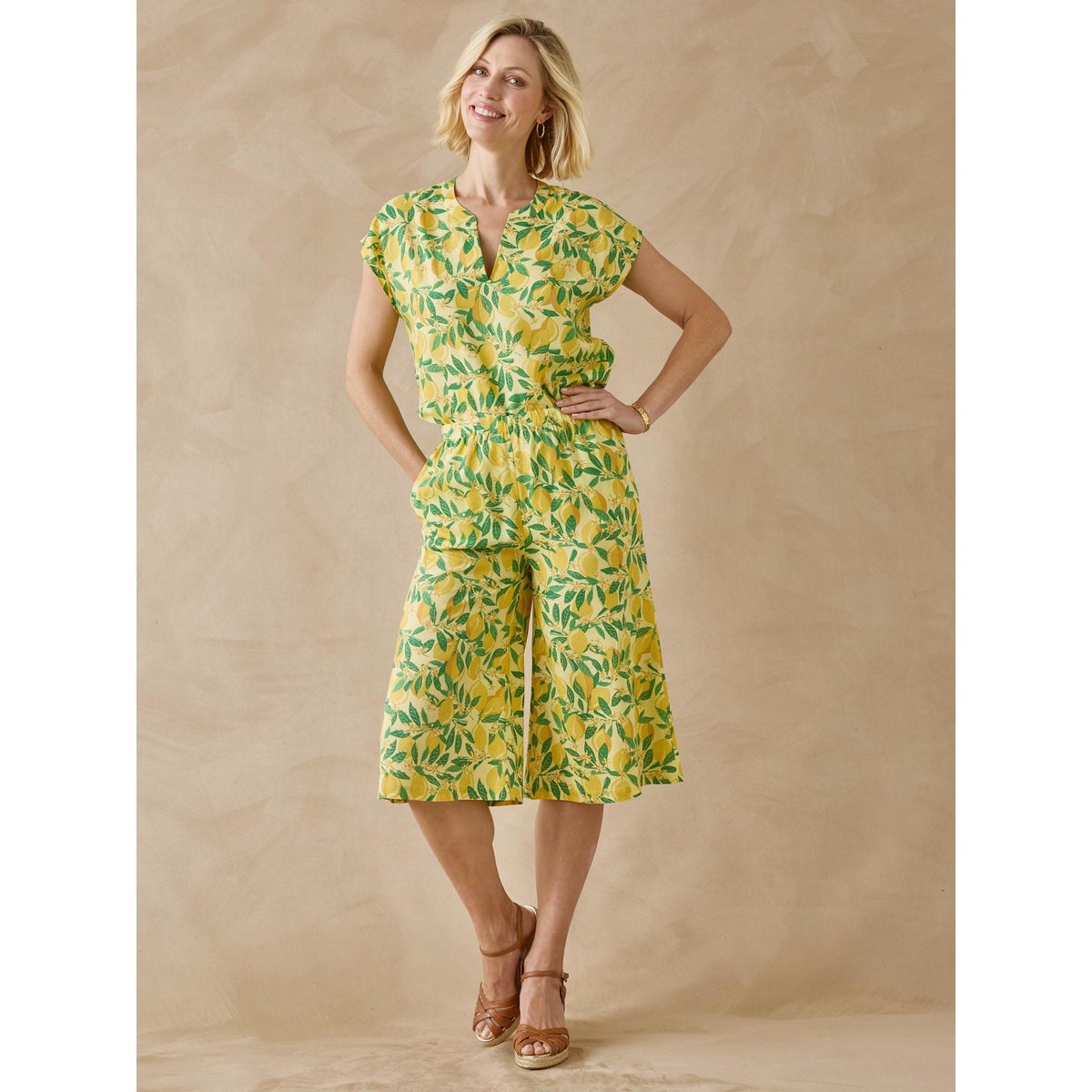Blouse manches T tissu fluide imp. jaune citron, DAXON